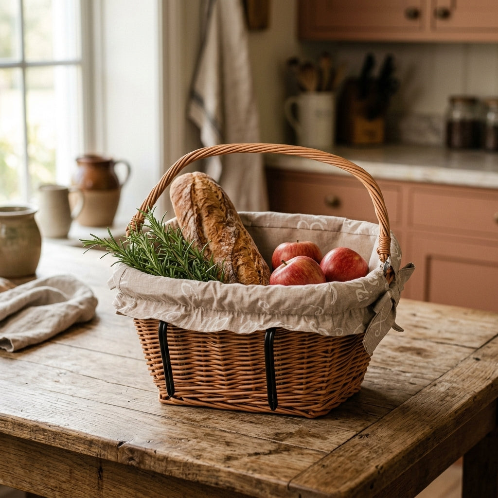 Wicker bicycle basket with liner — Rustic Kitchen Lifestyle | Generated by Modelize