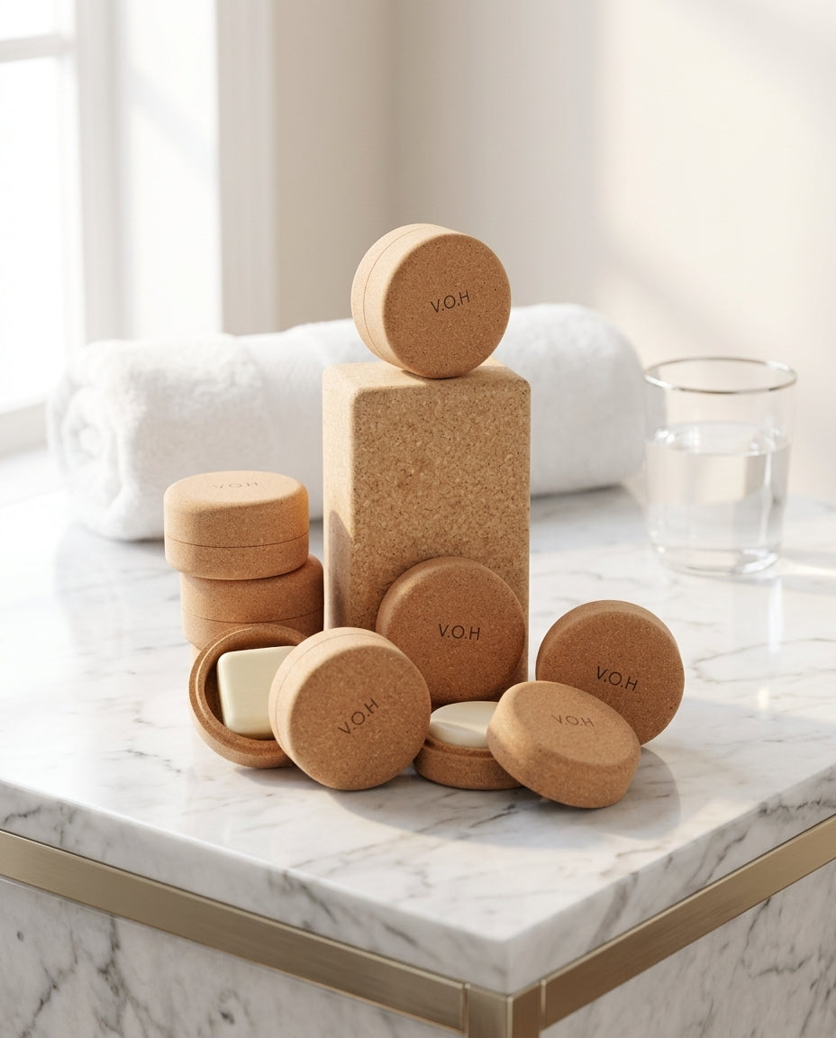 9-piece natural cosmetic set with cork packaging — Luxury Vanity Lifestyle | Generated by Modelize