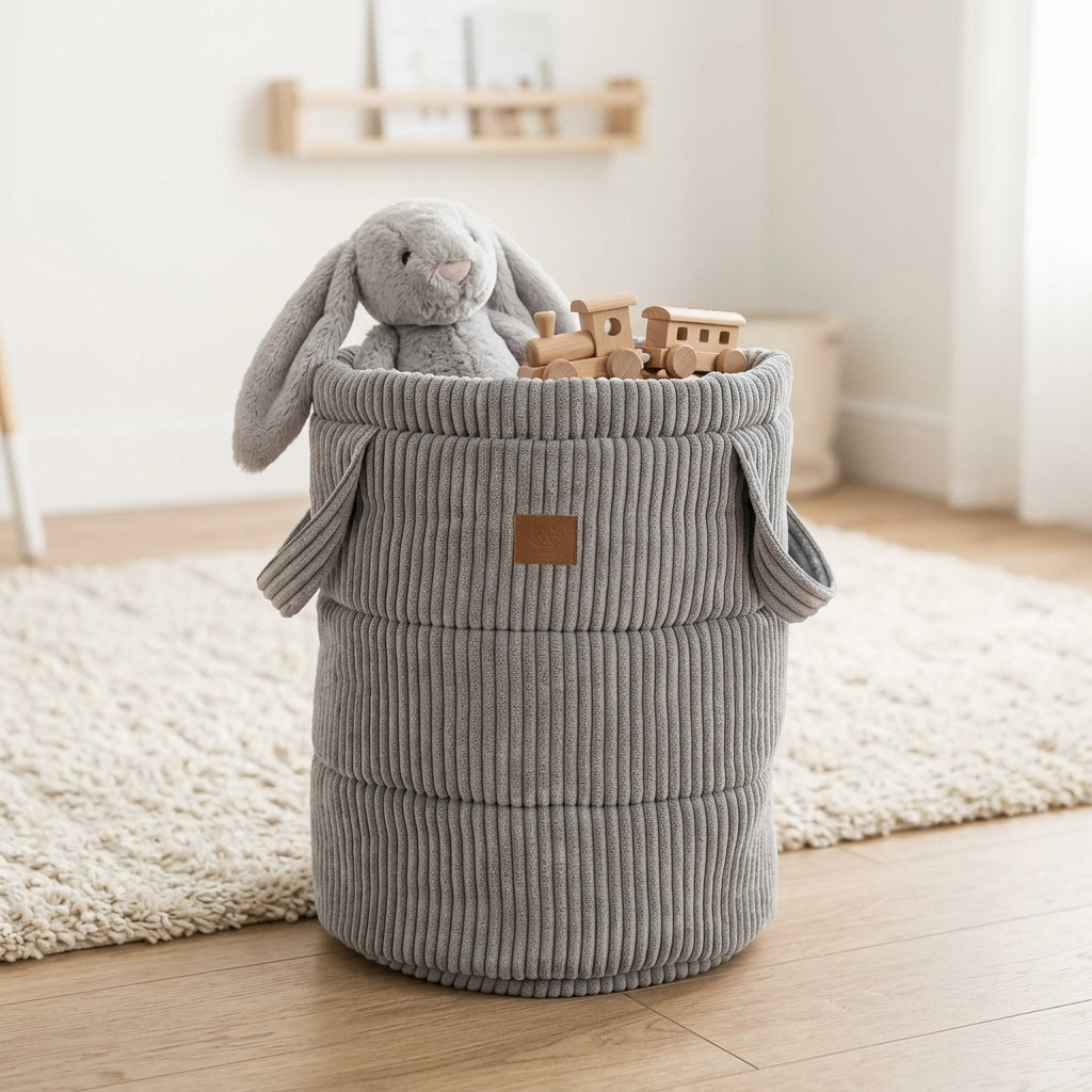 Grauer Spielzeugkorb im modern eingerichteten Kinderzimmer