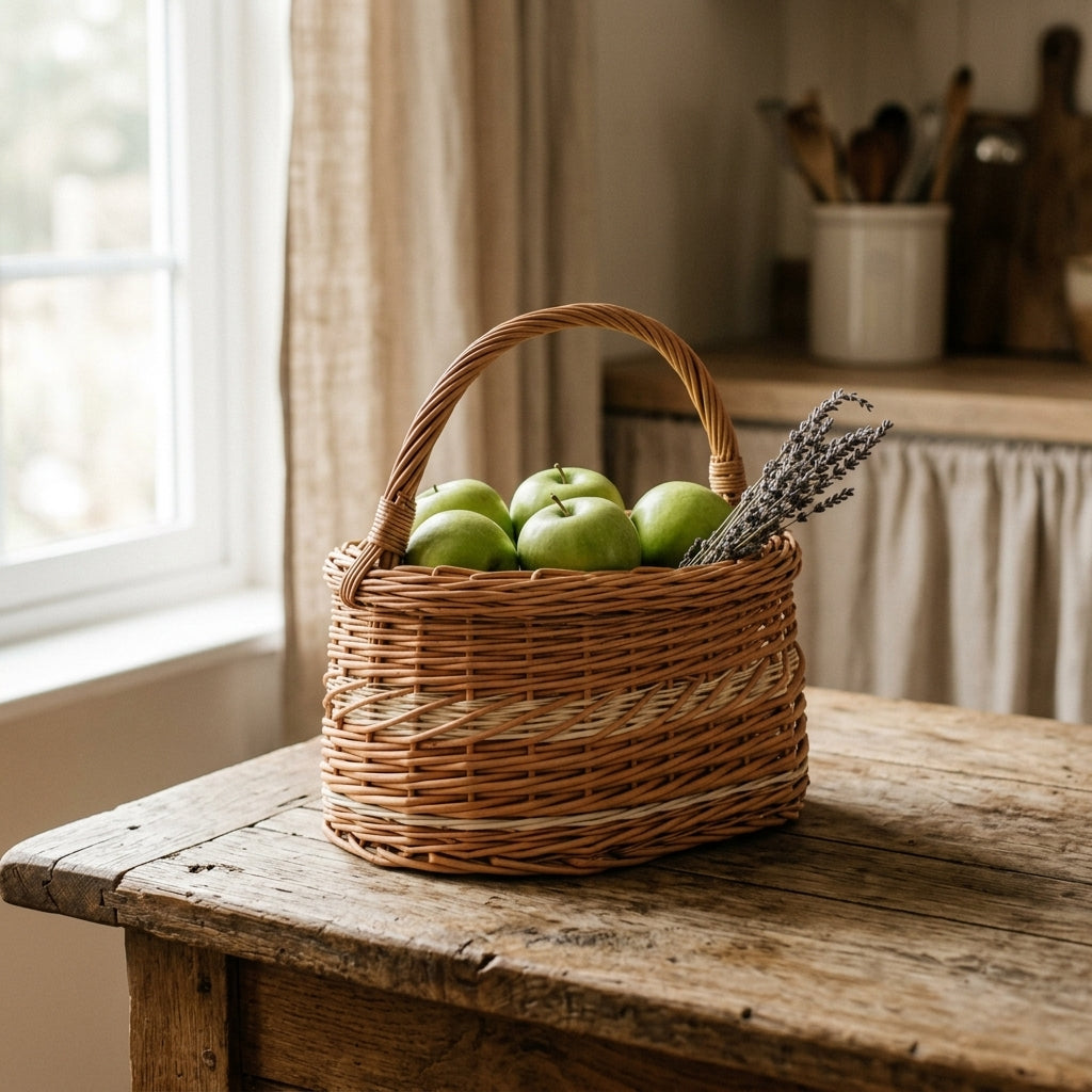 Wicker Shopping Basket — Rustic Kitchen Lifestyle | Generated by Modelize