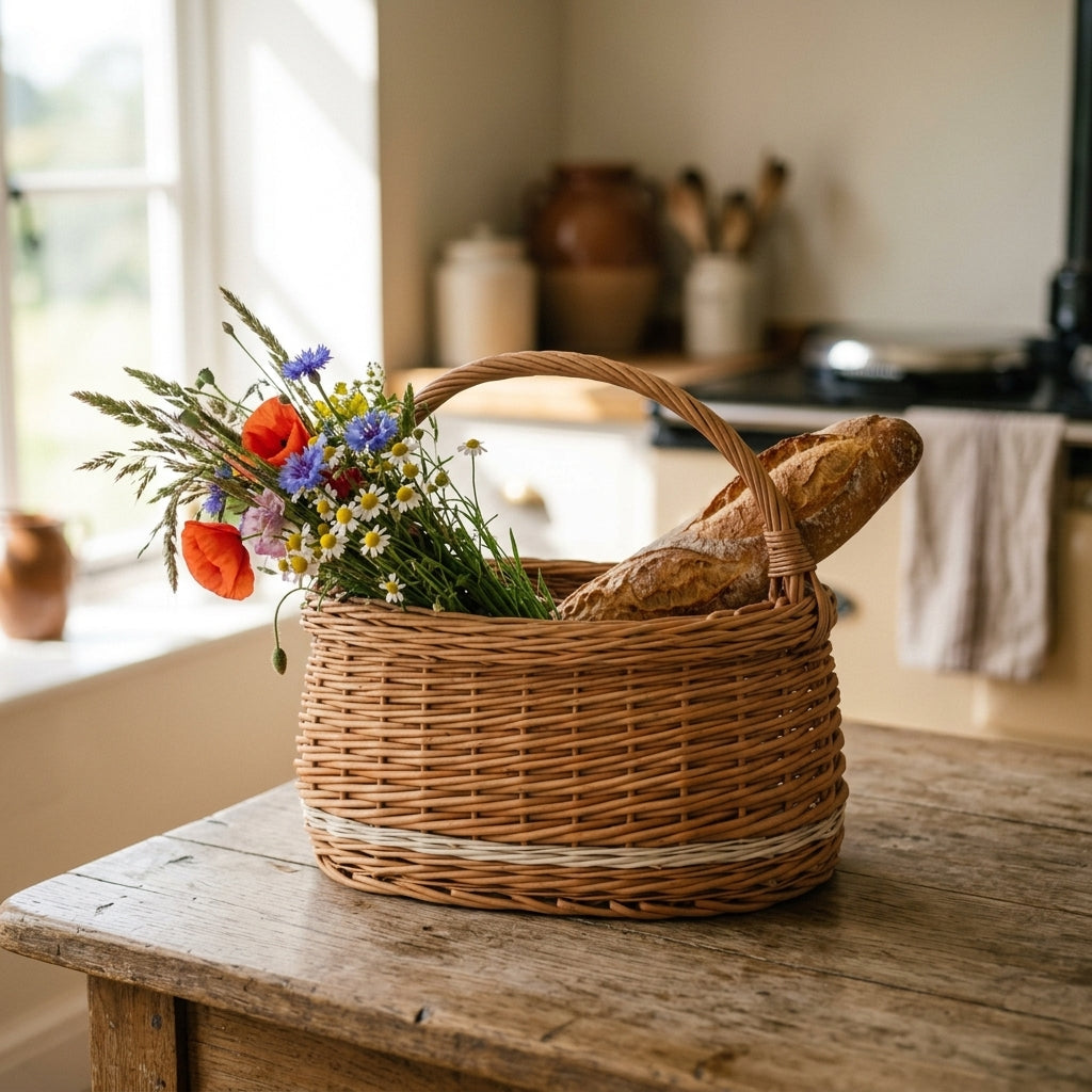 Woven willow shopping basket — Rustic Kitchen Lifestyle | Generated by Modelize