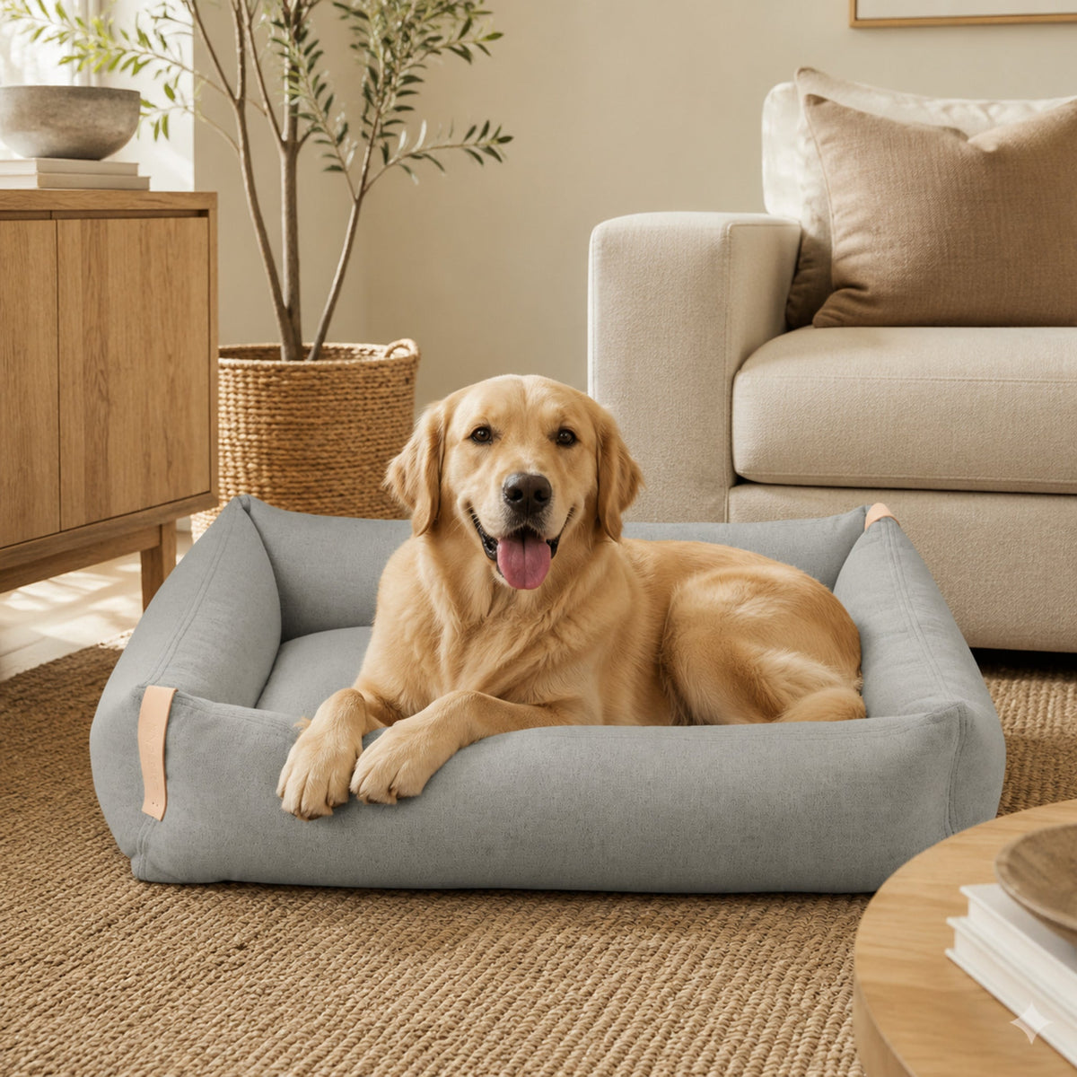Moe Hundebett Grau mit Golden Retriever im Wohnzimmer
