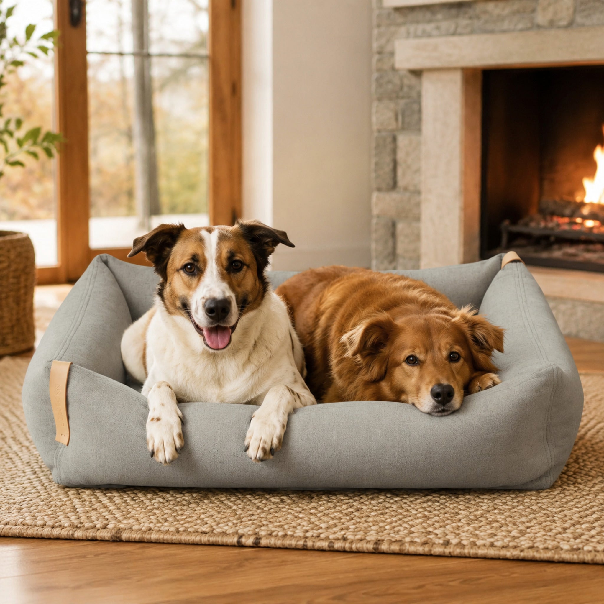 Moe Hundebett Grau für zwei Hunde am Kamin