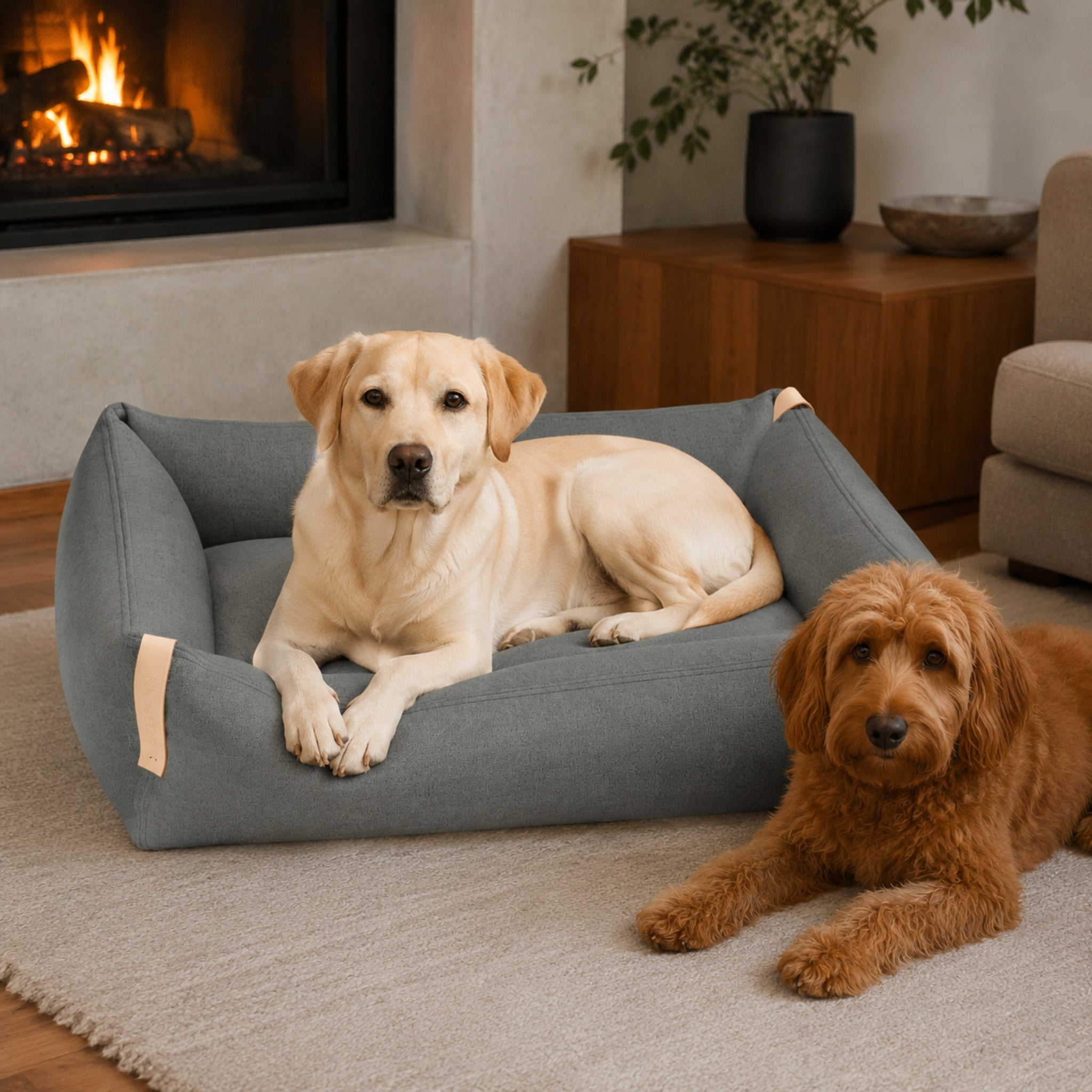 Moe Hundebett Hellanthrazit für zwei Hunde am Kamin