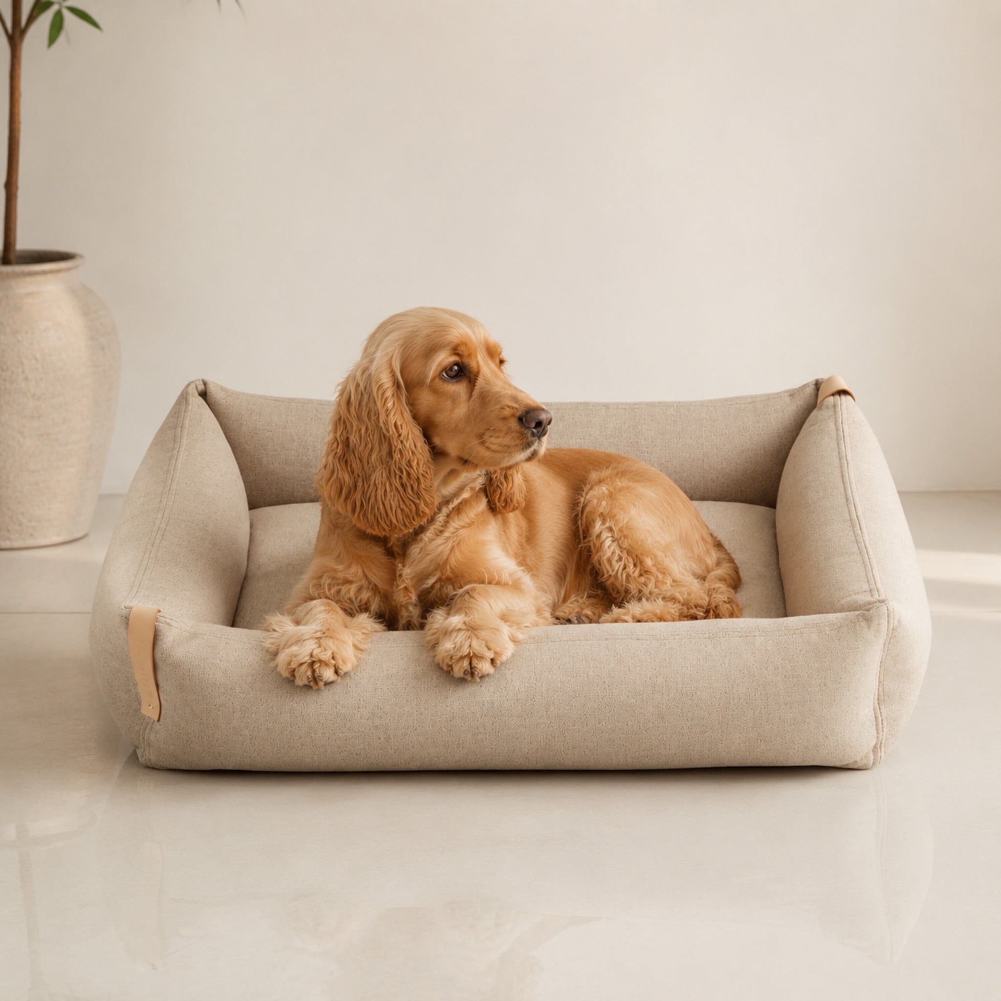 Moe Hundebett in Sand mit Spaniel im hellen Premium-Studio