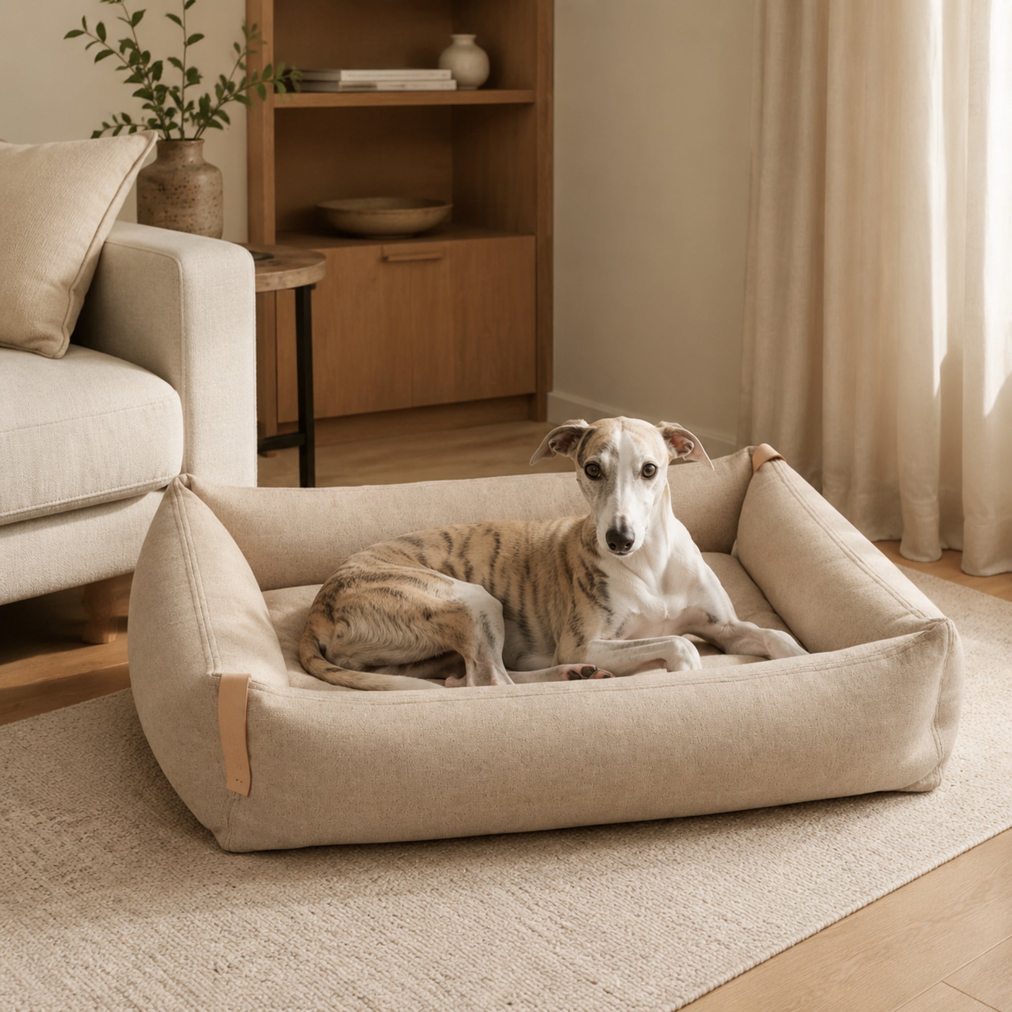 Sandfarbenes Moe Hundebett mit Whippet im modernen Wohnzimmer