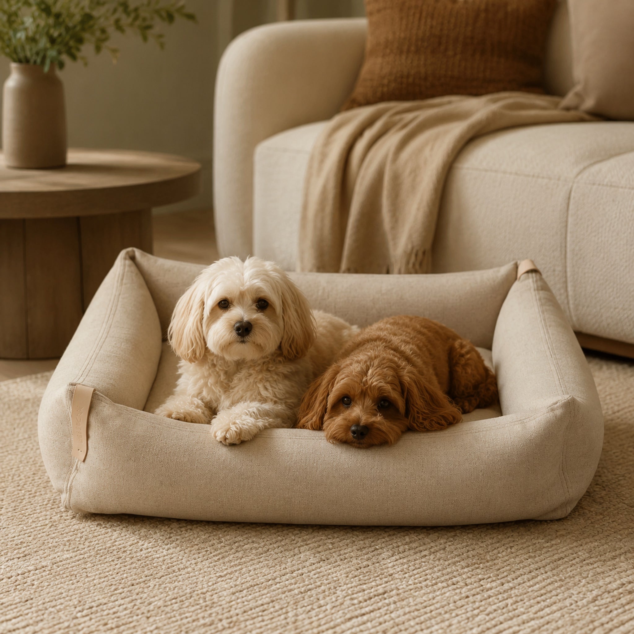 Moe Hundebett Sand mit zwei kleinen Hunden in stilvoller Wohnatmosphäre
