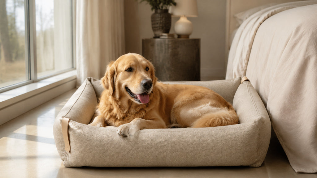 Sandfarbenes Moe Hundebett mit Golden Retriever am großen Fenster