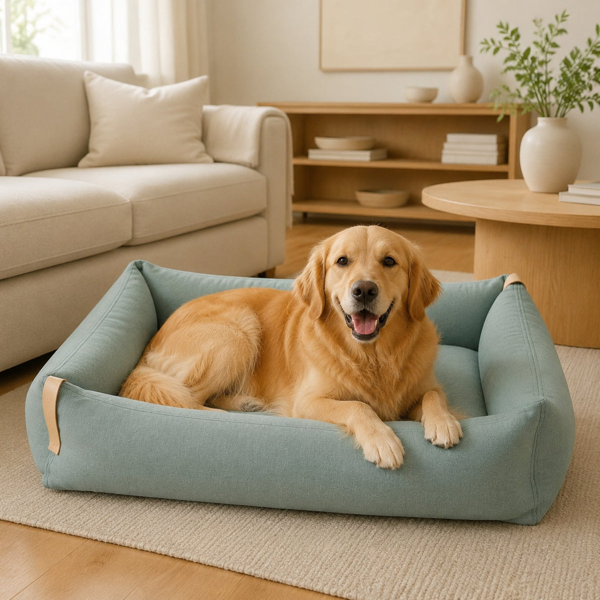 Moe Hundebett Soft Teal mit Golden Retriever im Wohnzimmer