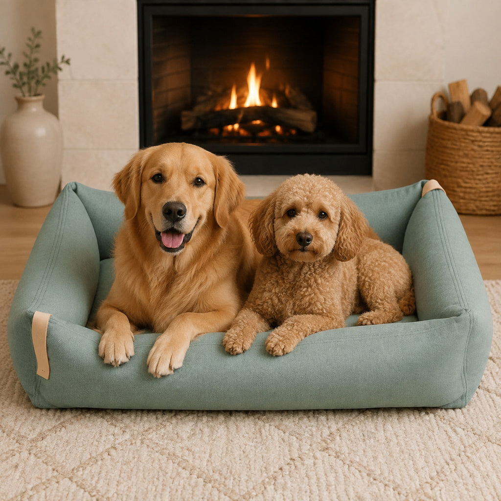 Moe Hundebett Soft Teal für zwei Hunde am Kamin