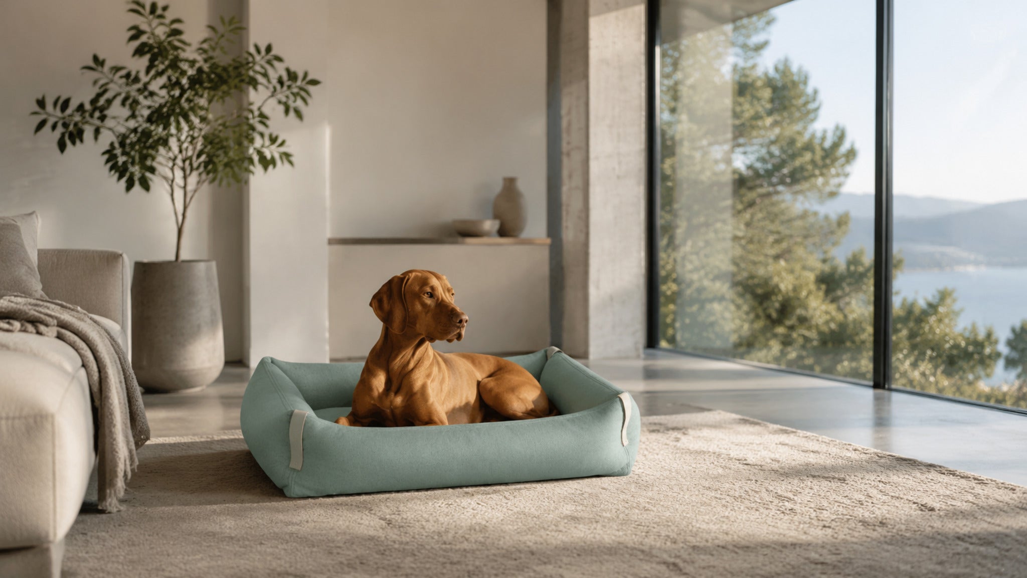 Moe Hundebett Soft Teal im modernen Premium Interieur – 16:9