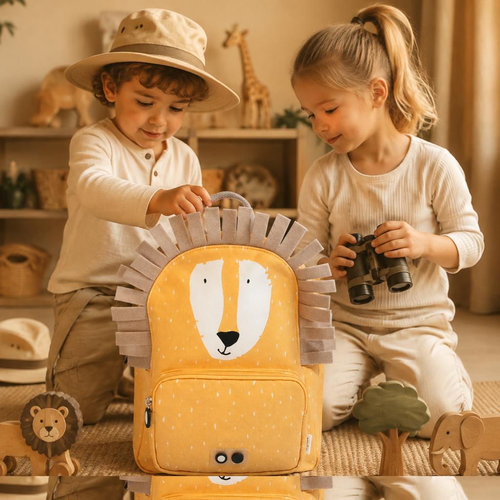 Geschwister mit Kinder-Rucksack Mr. Lion