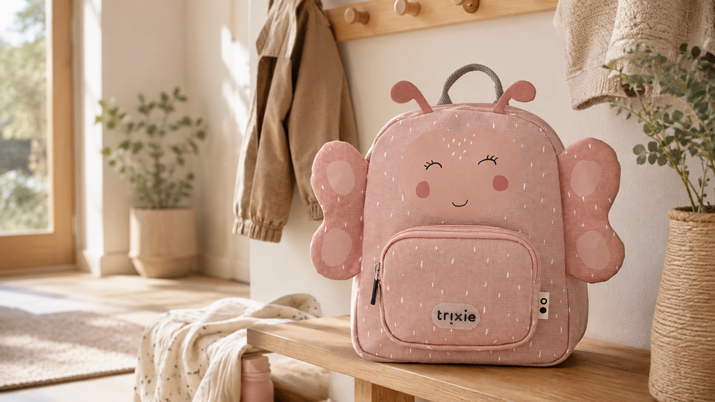 Kinderrucksack Mrs. Butterfly im warmen Kindergarten-Flur