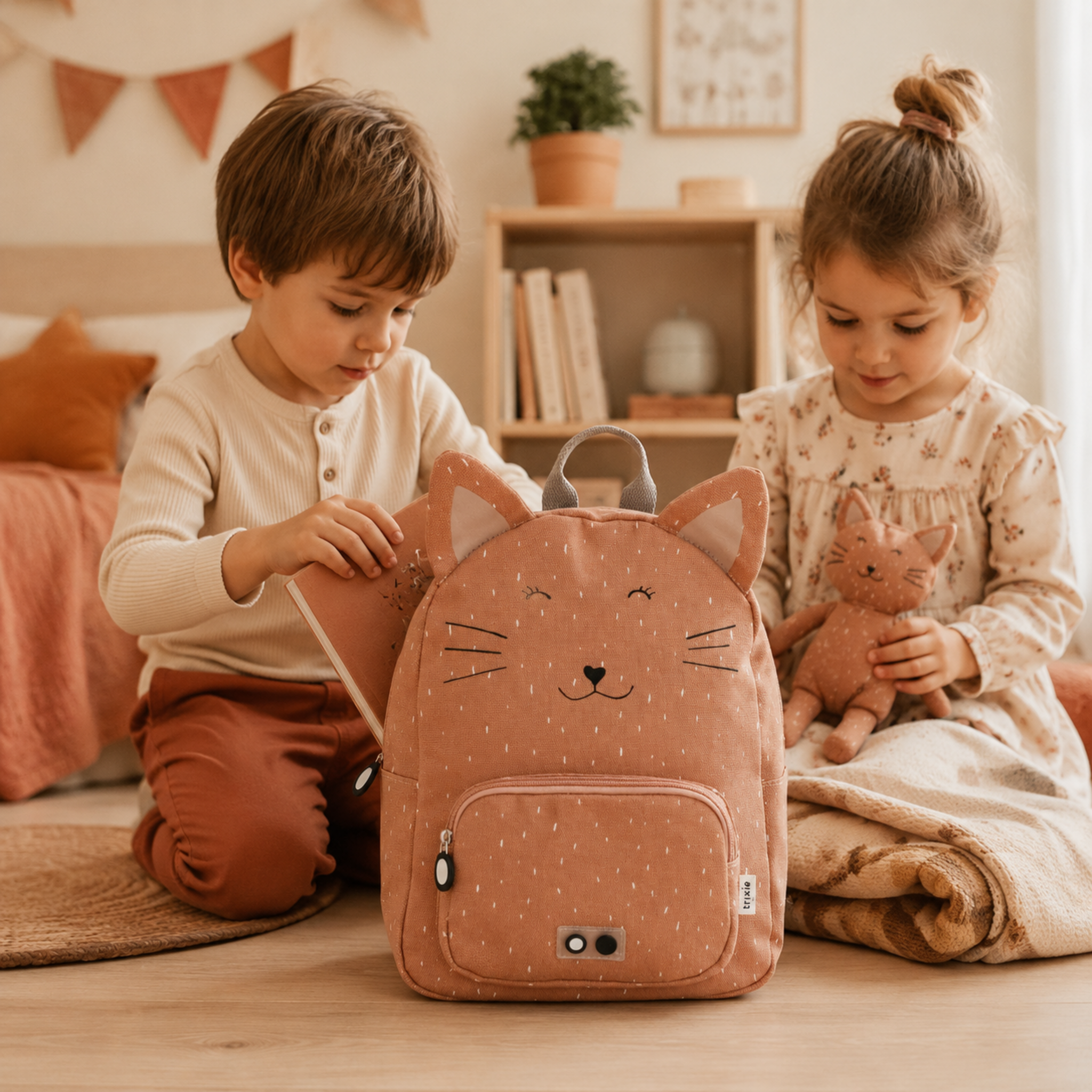 Geschwister mit Kinder-Rucksack Mrs. Cat