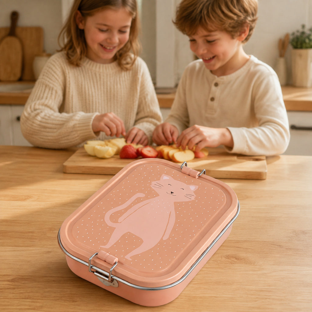Große Edelstahl-Brotdose Mrs. Cat – Kinder bereiten Obst vor