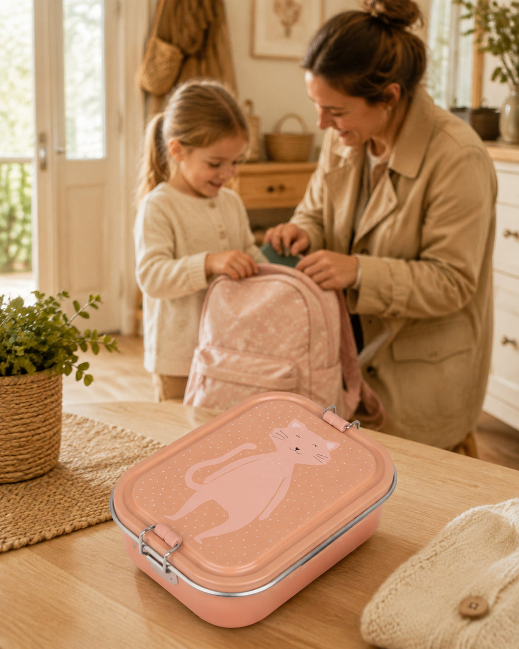 Große Edelstahl-Brotdose Mrs. Cat – Schulrucksack packen