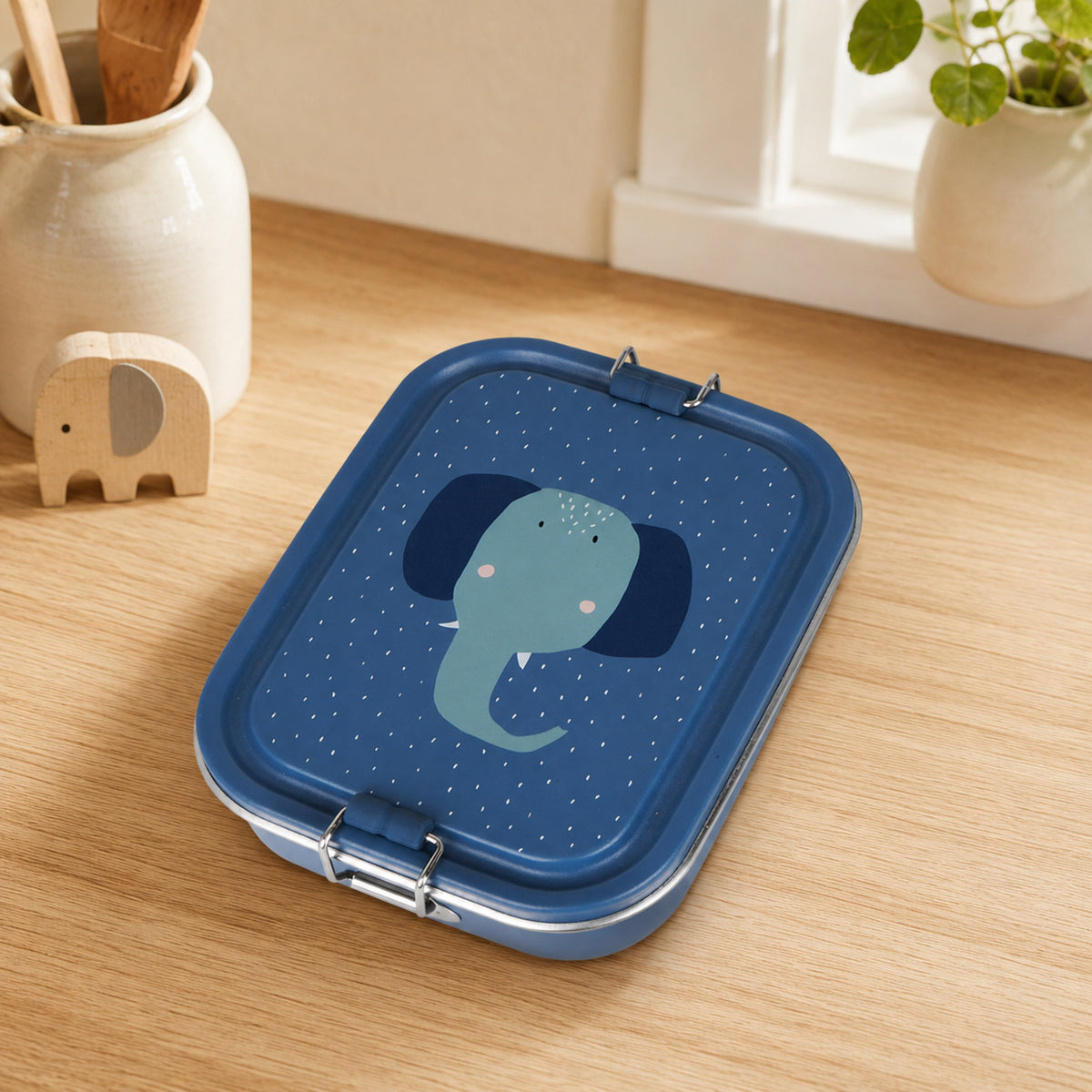 Kleine Edelstahl-Brotdose Mrs. Elephant – Premium Produktansicht