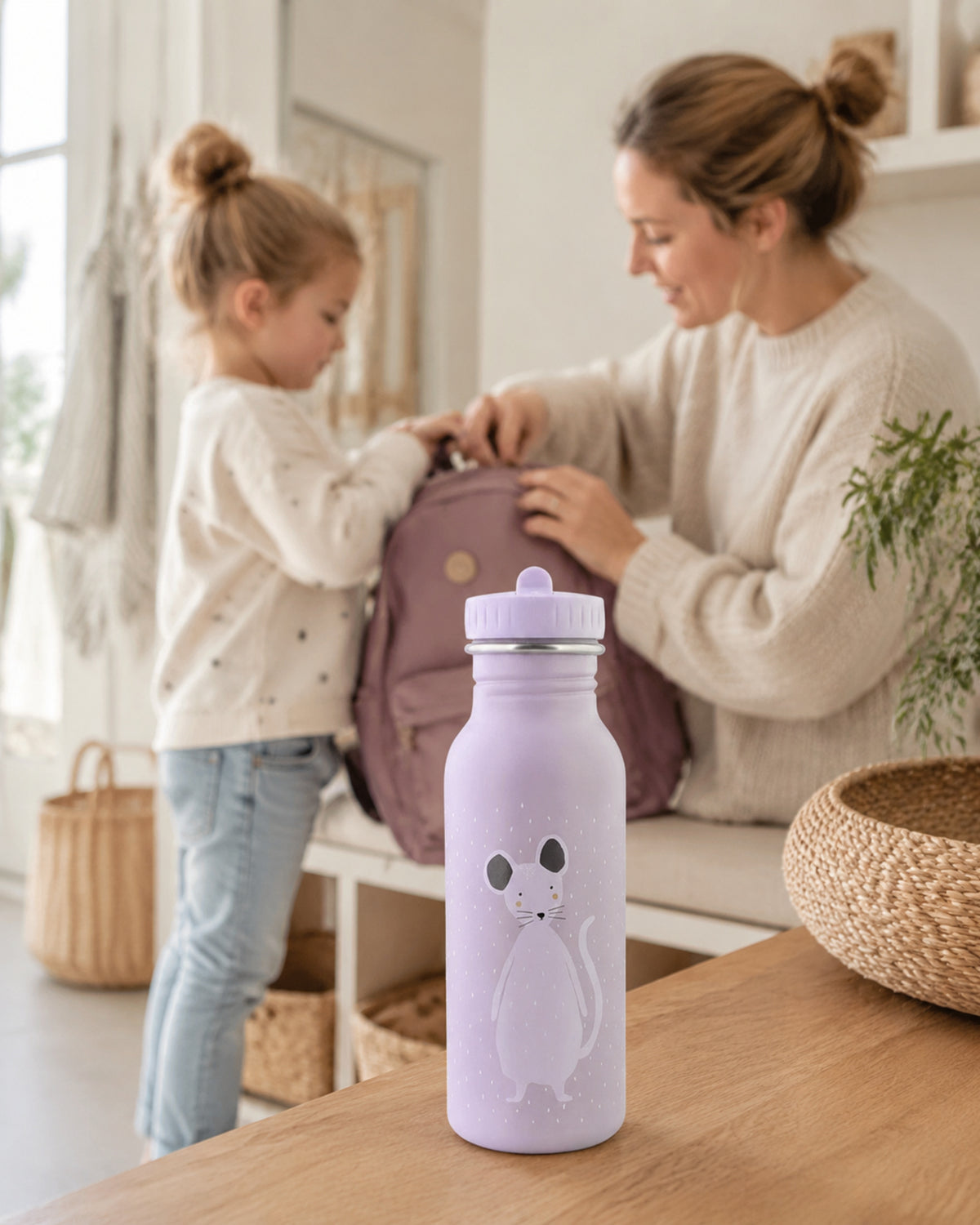 Kinder-Trinkflasche Mrs. Mouse 500 ml – Schulrucksack packen