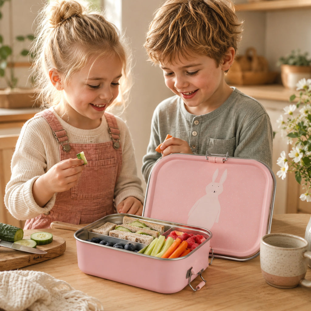 Kinder bereiten Lunch mit Trixie Mrs. Rabbit Brotdose vor