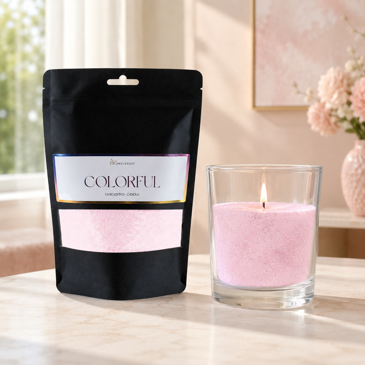 Babyrosa Pulverkerzen-Nachfüllset in hellem, elegantem Wohnambiente