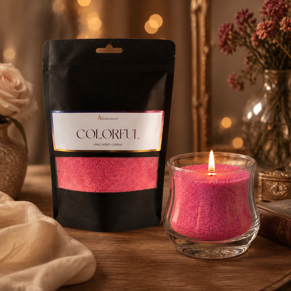 Blush Vintage Pulverkerzen-Nachfüllset mit warmer Flamme in Abendstimmung