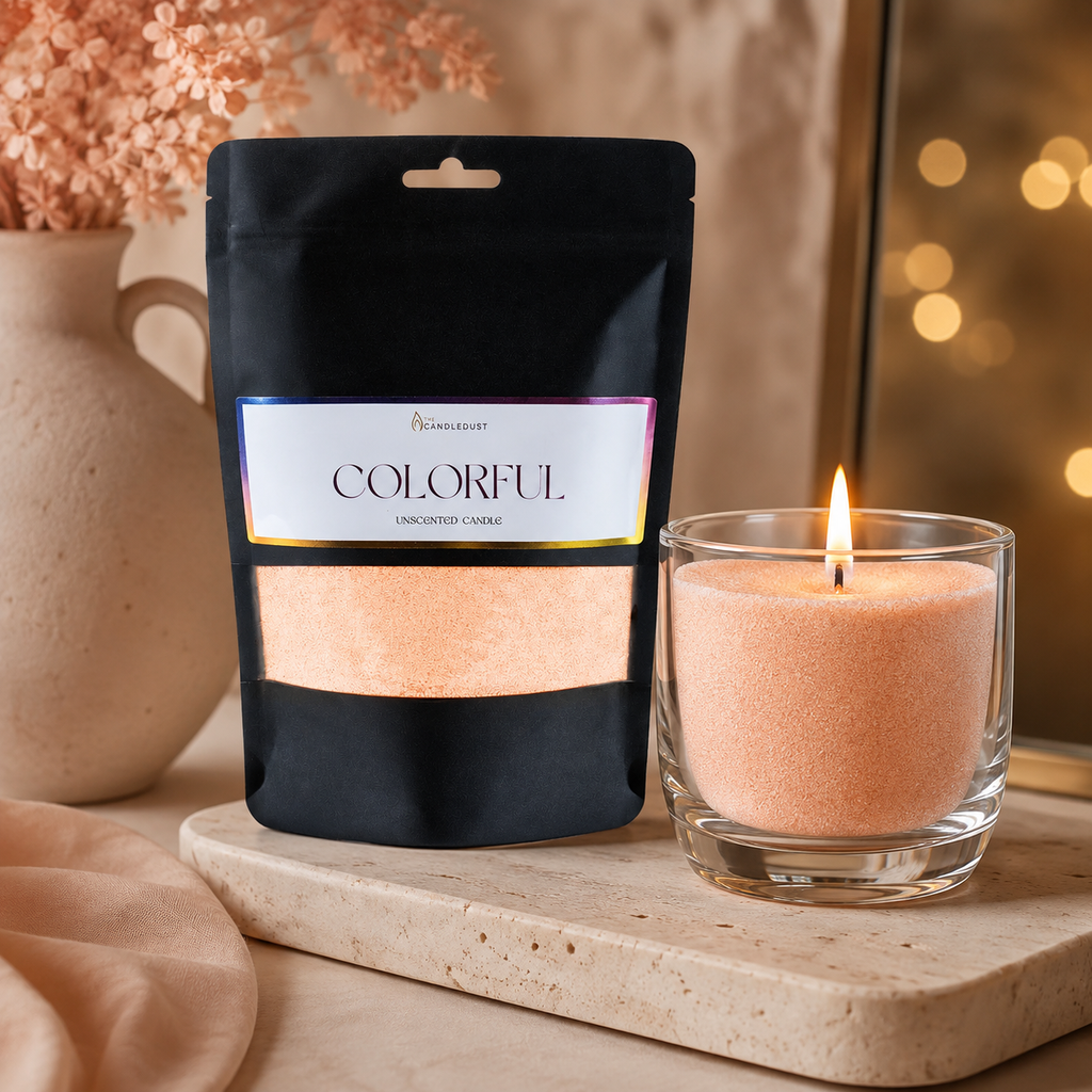 Creamy Peach Pulverkerzen-Nachfüllset mit warmer Flamme in Abendstimmung