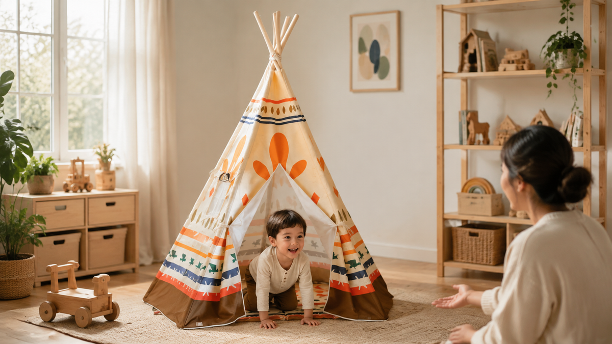 Kind krabbelt aus dem farbenfrohen Native Vibe Spielzelt