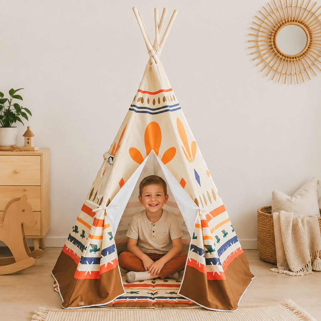 Kinder-Tipi Native Vibe mit Kind im skandinavischen Kinderzimmer