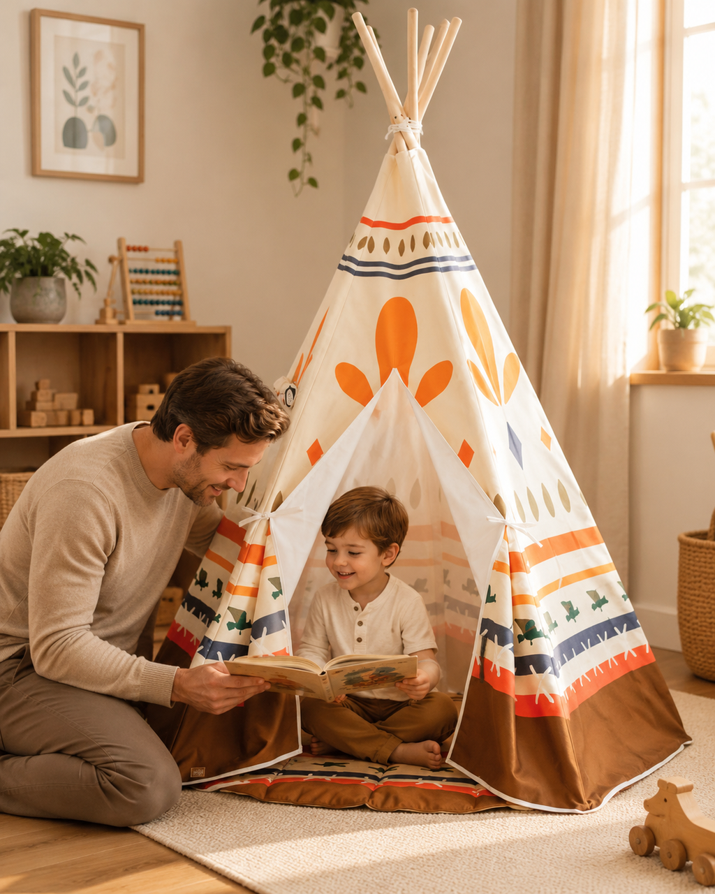 Vater liest mit Kind im Native Vibe Kinder-Tipi
