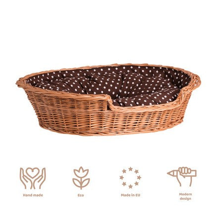Esmira Natural Wicker Dog Bed With Polka Dot Cushion, 85x67 cm