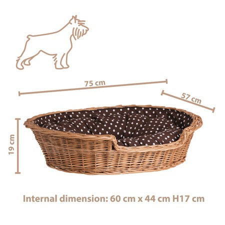 Esmira Natural Wicker Dog Bed With Polka Dot Cushion, 85x67 cm