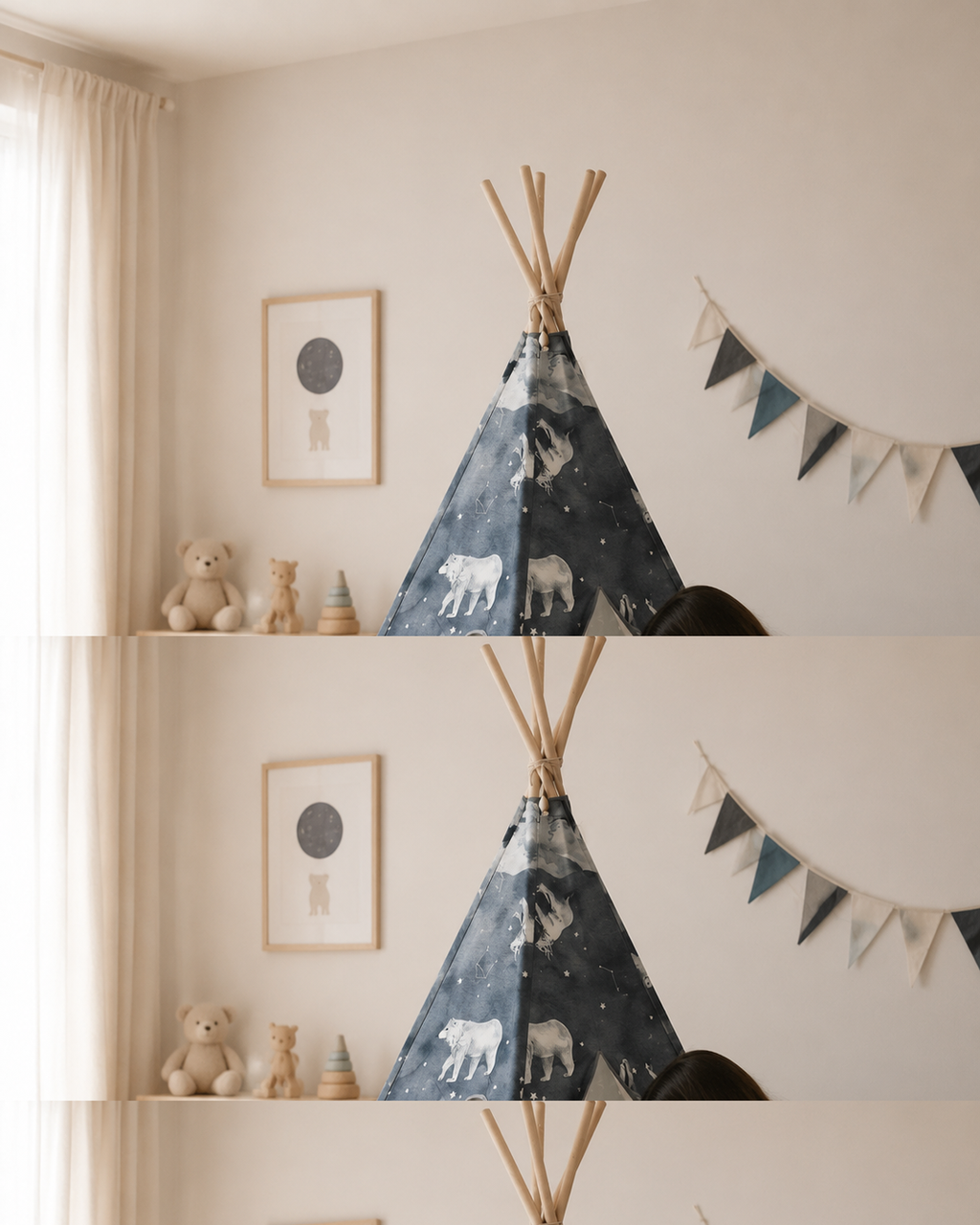 Mutter liest mit Kind im Night Sky Kinder-Tipi