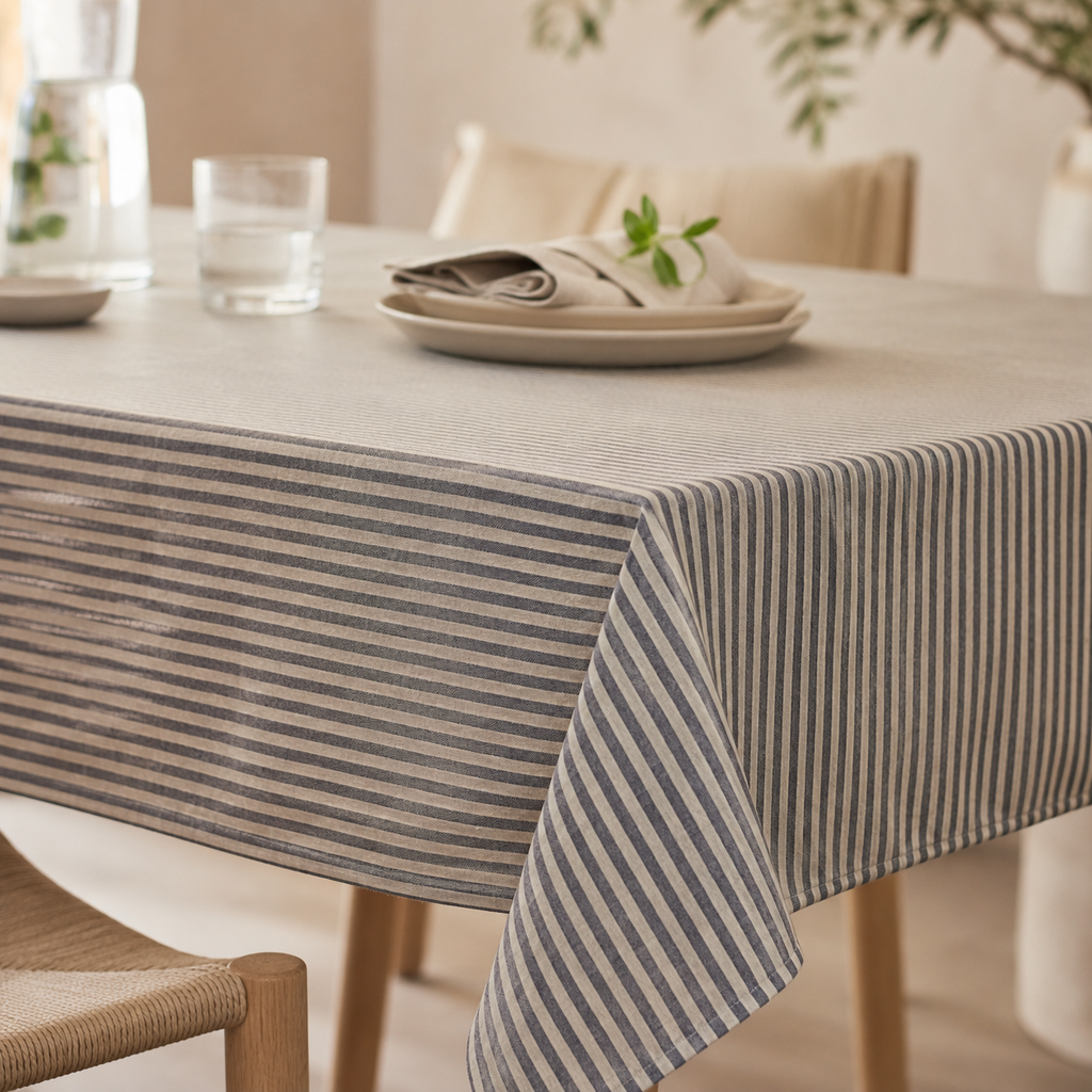 Tischdecke Nord 1 aus recyceltem Stoff – Detail von Stoff, Saum und Originalmuster