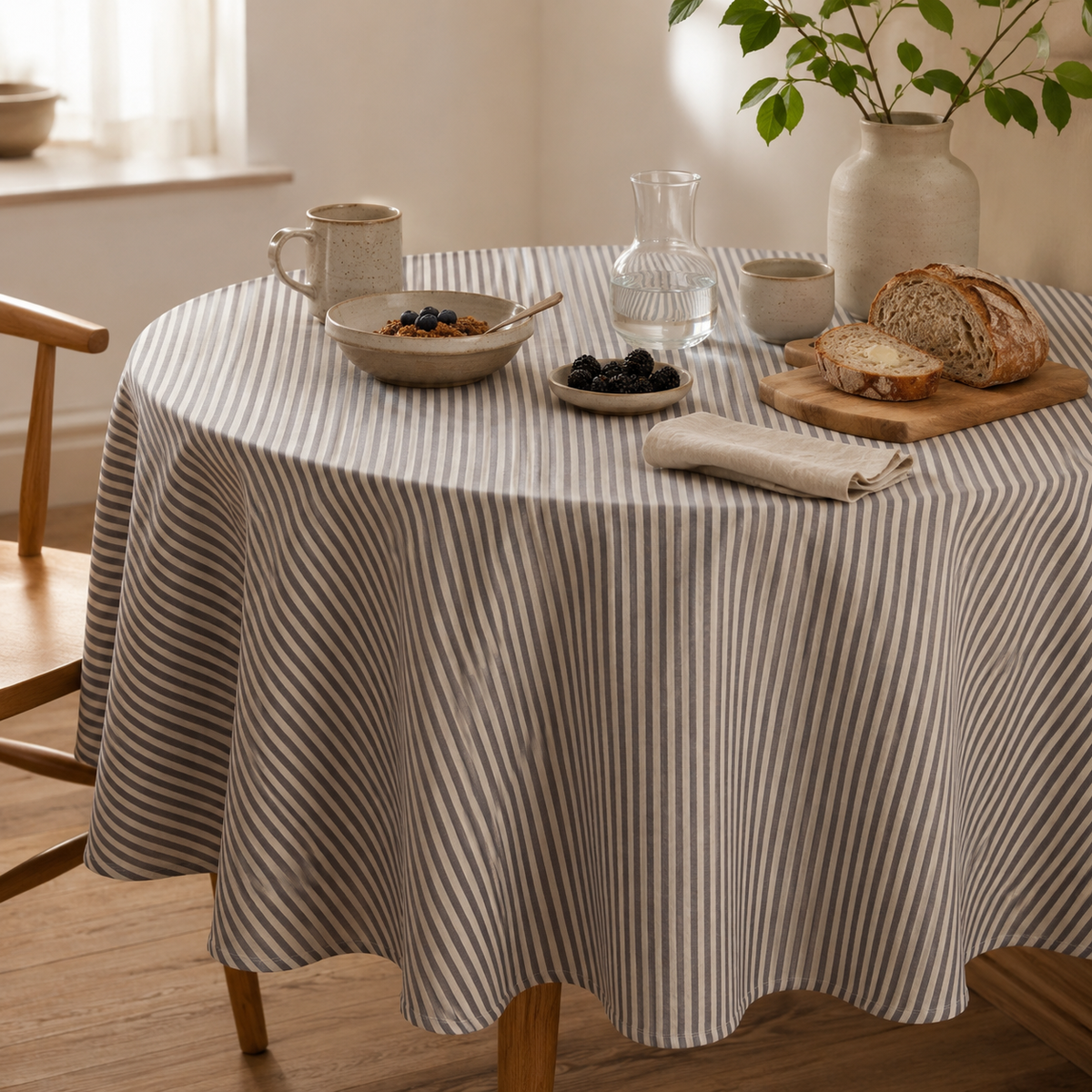 Runde Tischdecke Nord 1 – stilvolle Frühstückstafel im Tageslicht