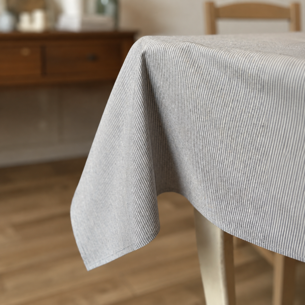 Tischdecke Nord 2 aus recyceltem Stoff – Detail von Stoff, Saum und Originalmuster