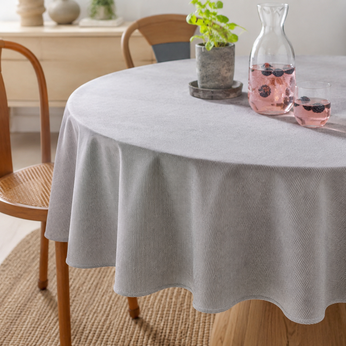 Runde Tischdecke Nord 2 – Detail von Stoff, Saum und Originalmuster