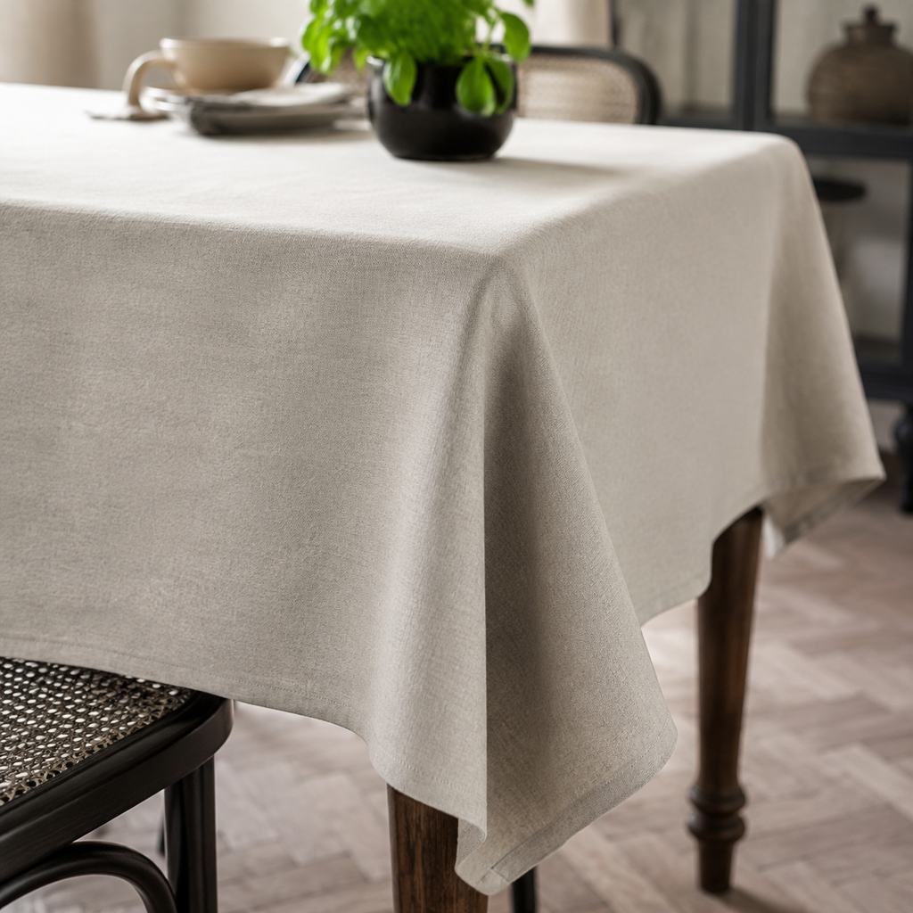 Tischdecke Nord 3 aus recyceltem Stoff – Detail von Stoff, Saum und Originalmuster