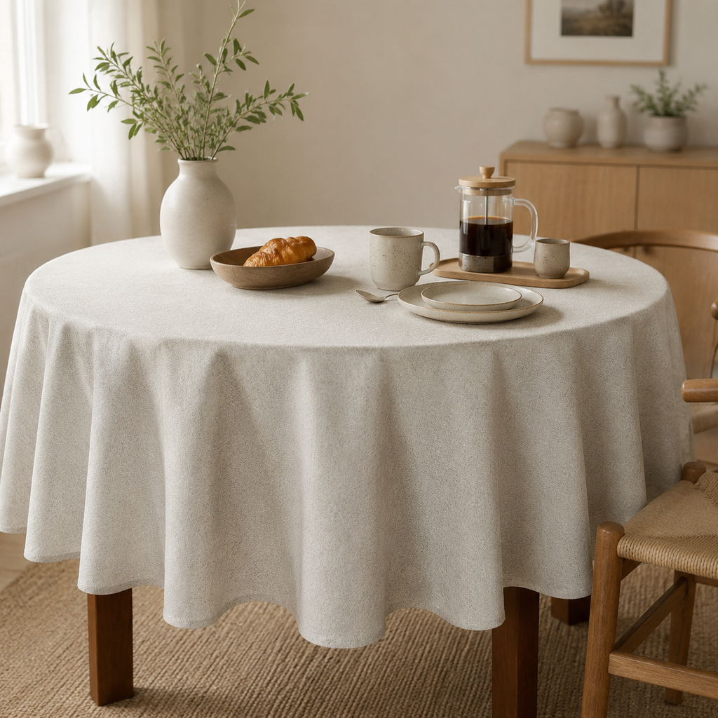 Runde Tischdecke Nord 3 – stilvolle Frühstückstafel im Tageslicht