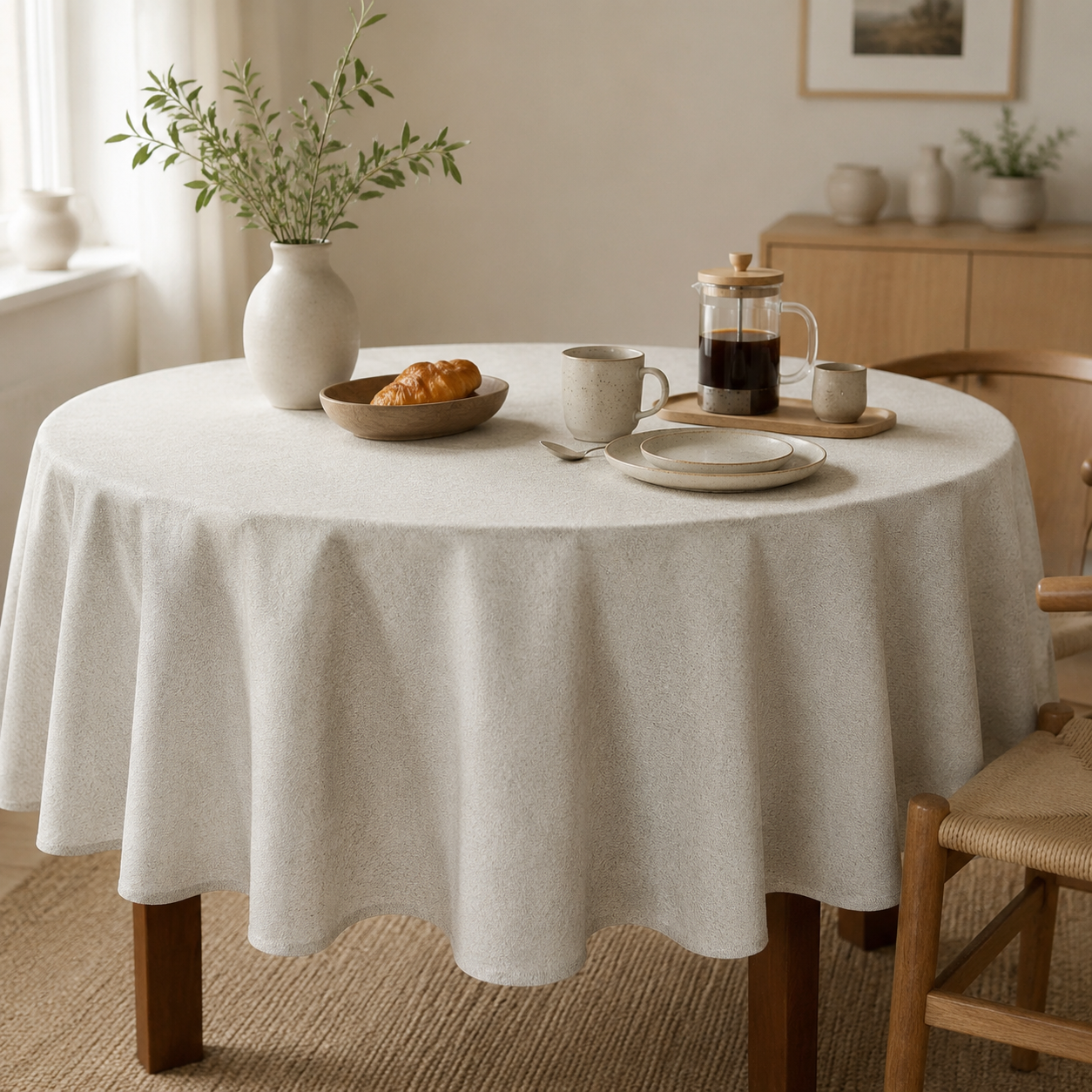 Runde Tischdecke Nord 3 – stilvolle Frühstückstafel im Tageslicht