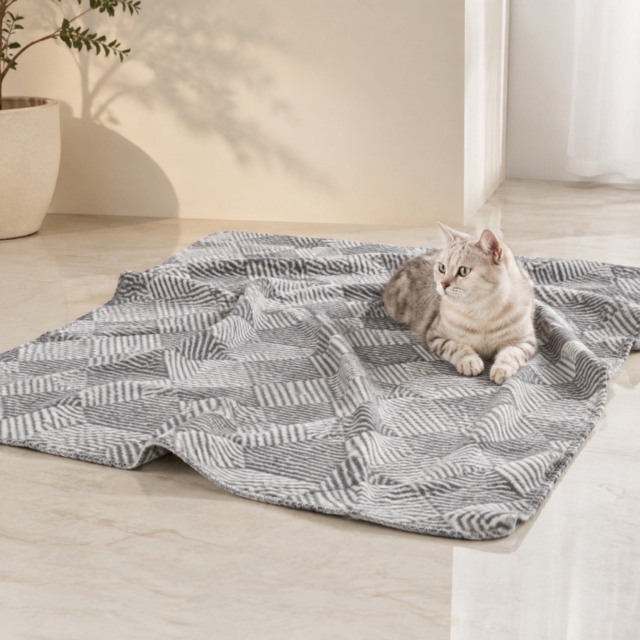 Ocon Haustierdecke Grau Weiß mit Katze – Premium Produktfoto 2048x2048