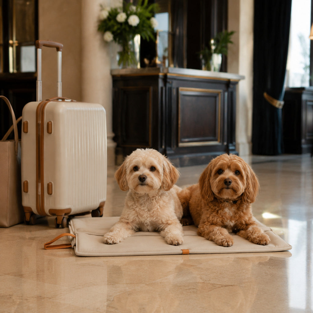 Okka Hundereisematte Beige für zwei Hunde im Hotel