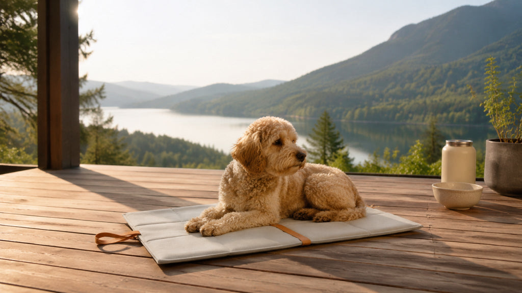 Okka Reisematte Beige auf Terrasse mit Hund – 16:9