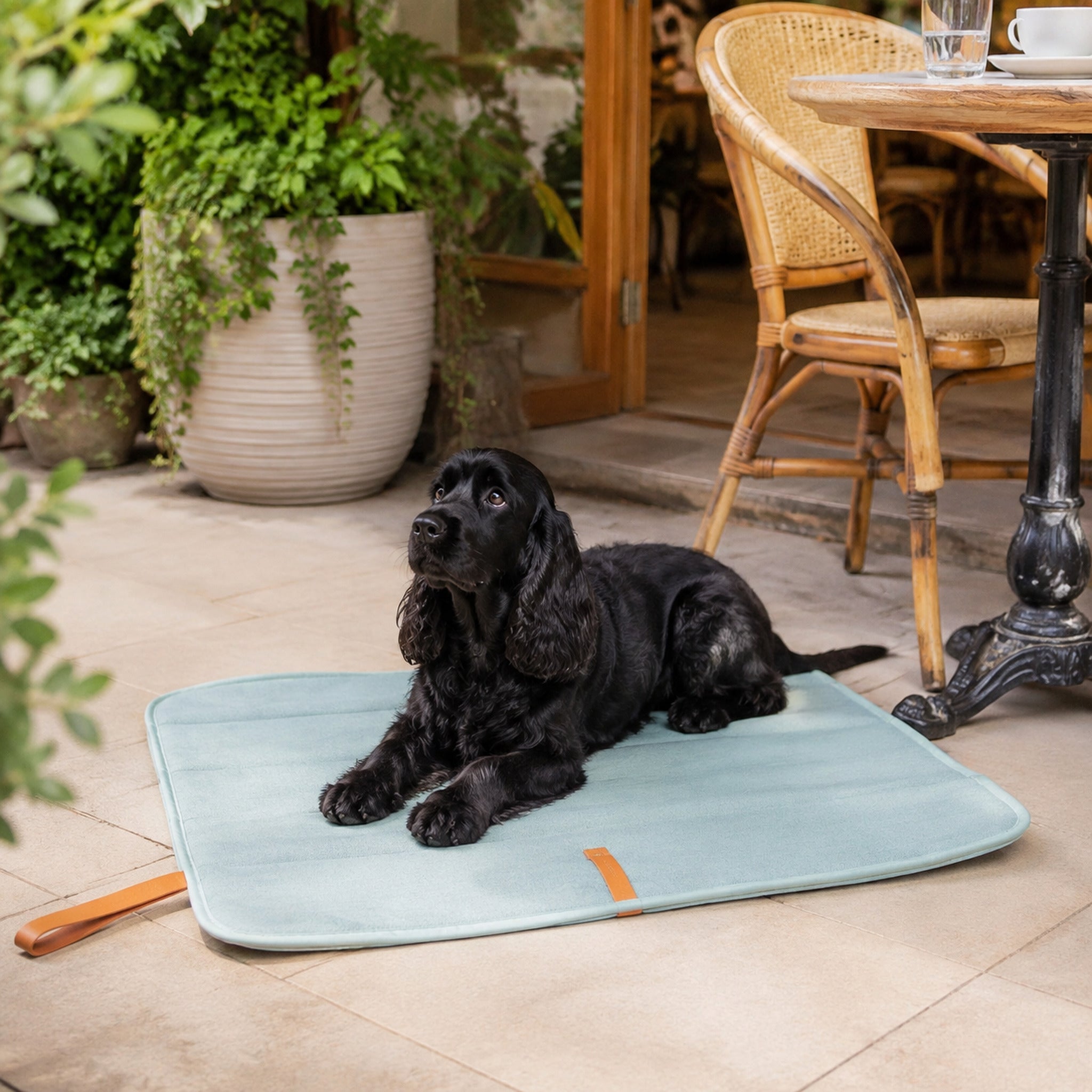 Okka Hundereisematte Soft Teal mit Spaniel in stilvoller Atmosphäre