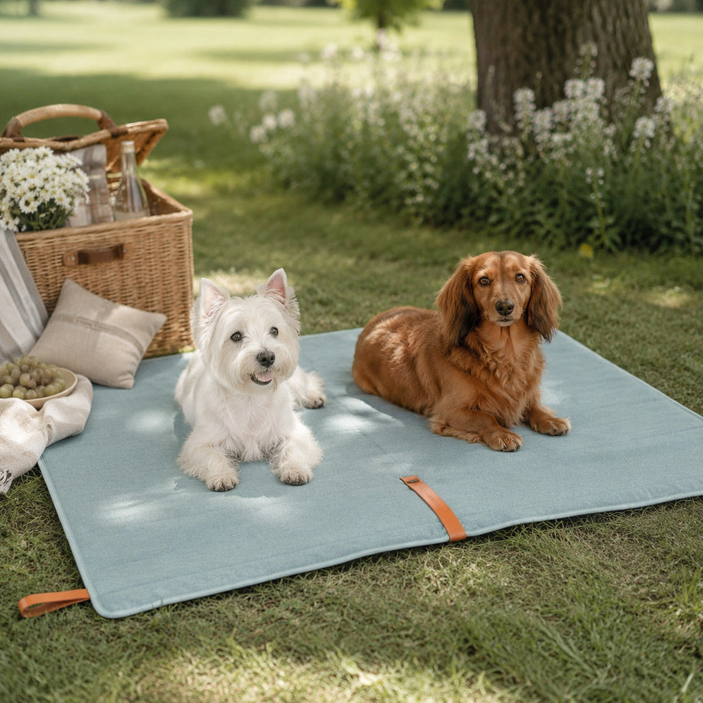 Okka Hundereisematte Soft Teal für zwei Hunde – hochwertige Lifestyle Aufnahme