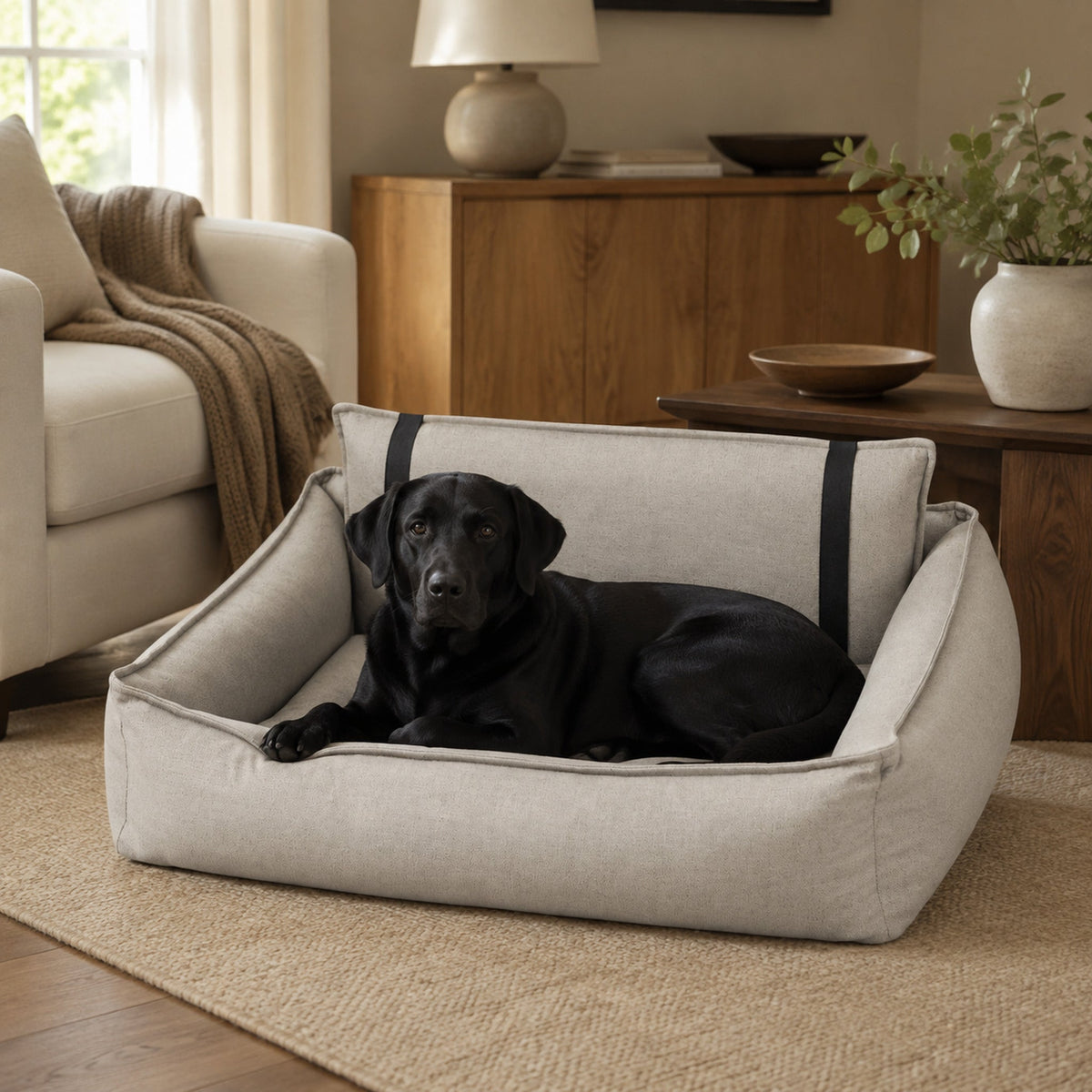 Beiges Orteo Hundebett mit schwarzem Labrador im hellen Wohnzimmer