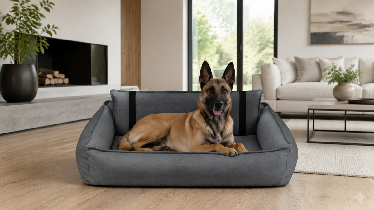 Orteo Hundebett Dunkelgrau mit Malinois im modernen Interieur
