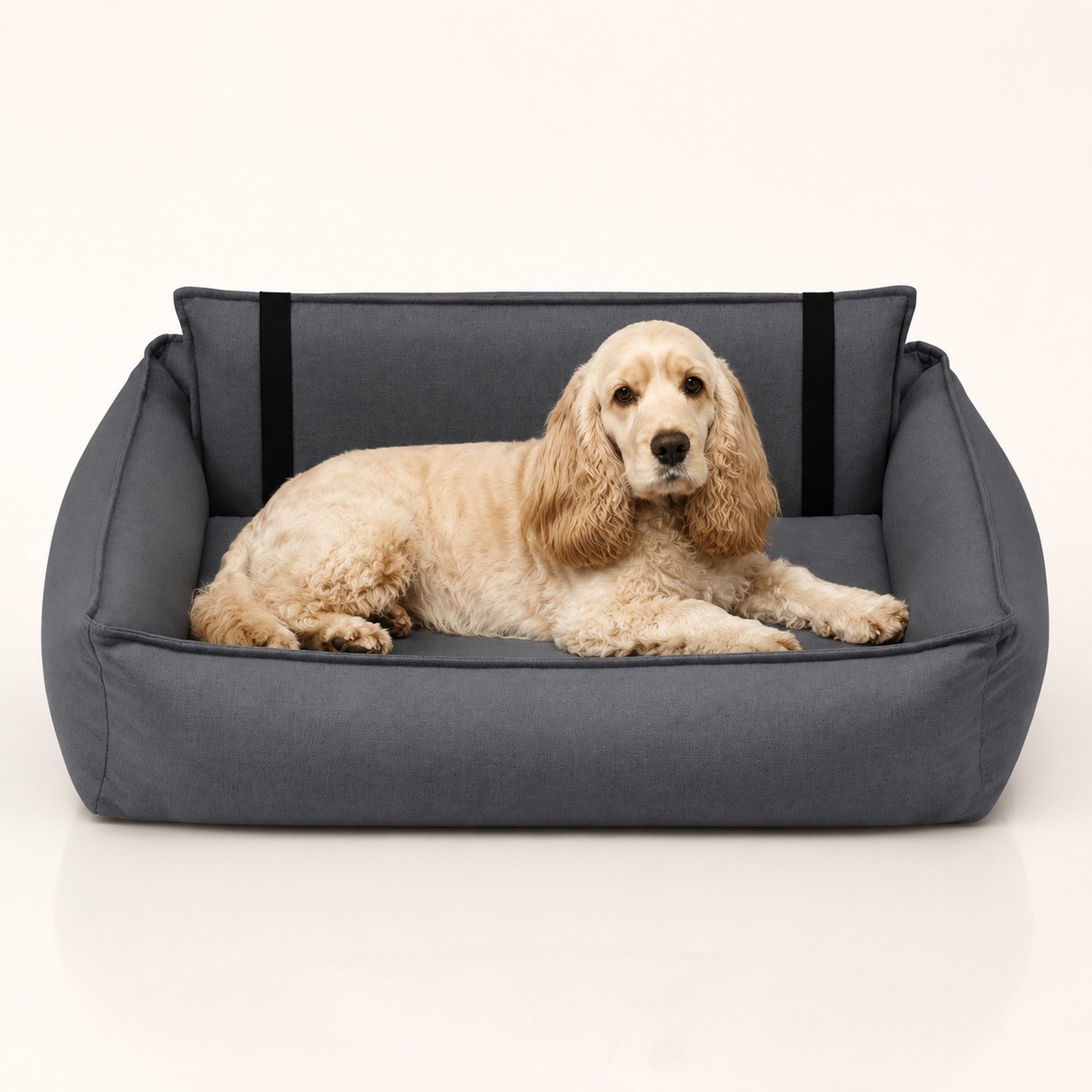 Orteo orthopädisches Hundebett Dunkelgrau mit Hund – Produktfoto