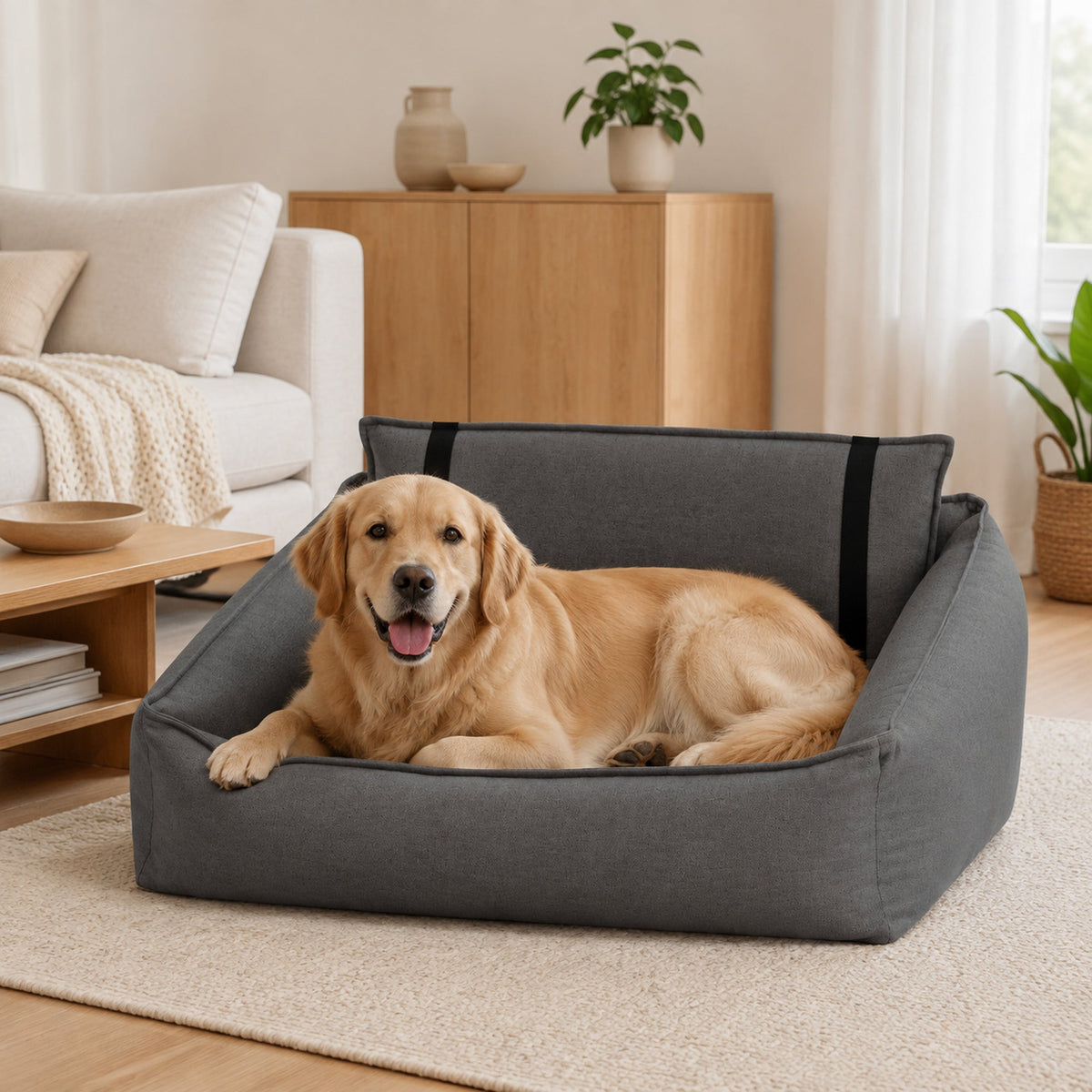 Orteo Hundebett Dunkelgrau mit Golden Retriever im Wohnzimmer