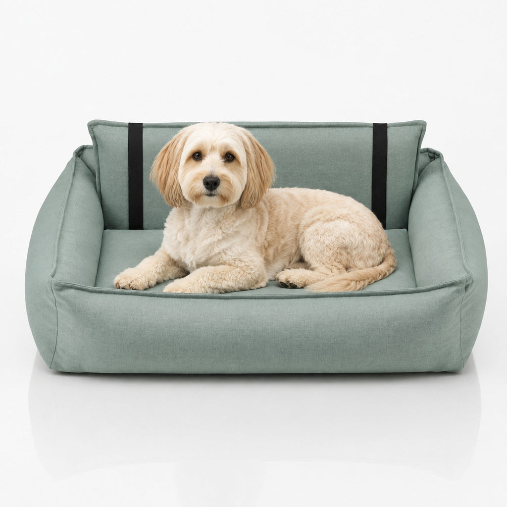Orteo orthopädisches Hundebett in Soft Teal mit Hund – Premium Produktansicht