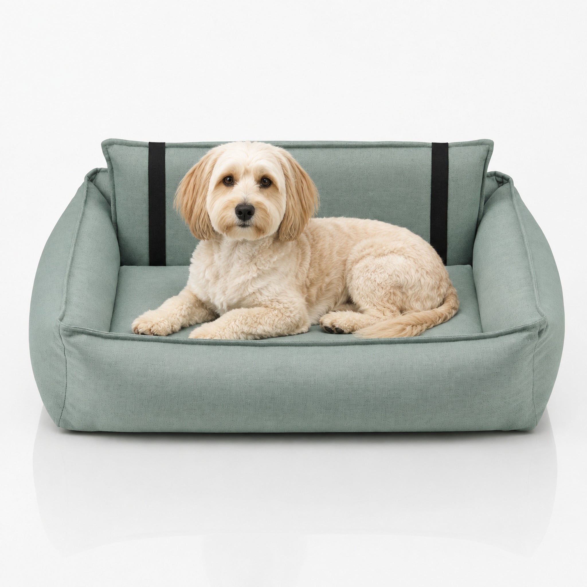 Orteo orthopädisches Hundebett in Soft Teal mit Hund – Premium Produktansicht